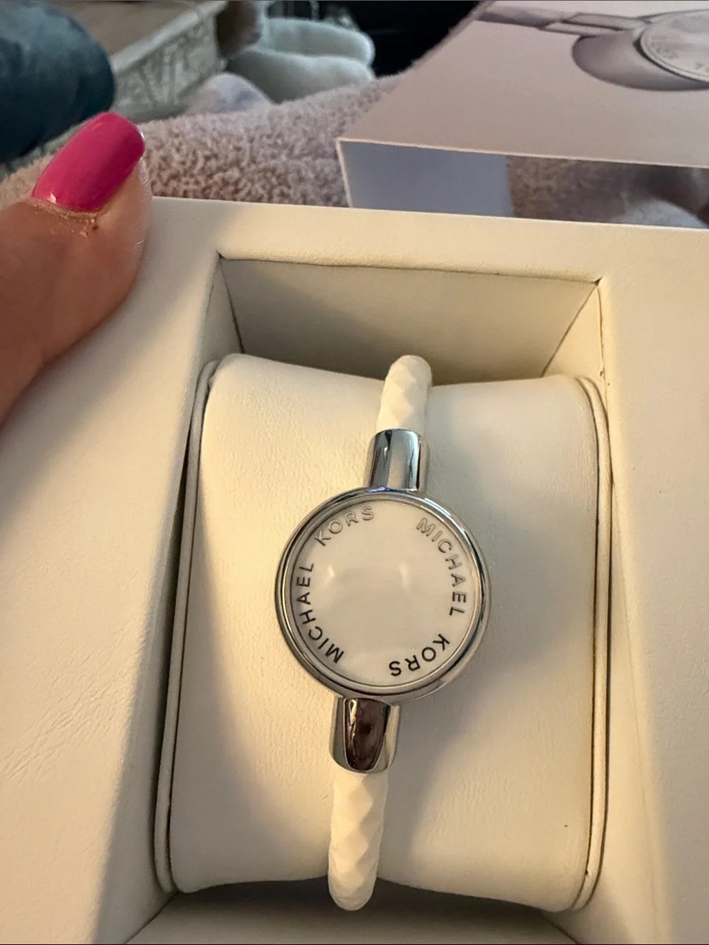 Michael Kors white braided activity tracker with silver-tone case
